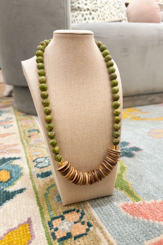 Short Wood African Turquoise Bead Necklace Coconut Green