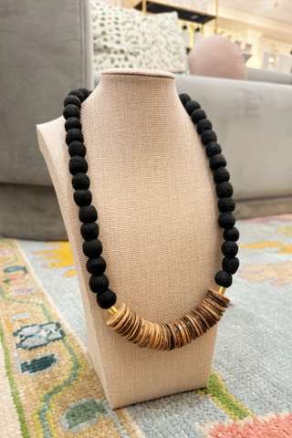 Short Wood Bead Necklace Coconut Black Recycled Glass
