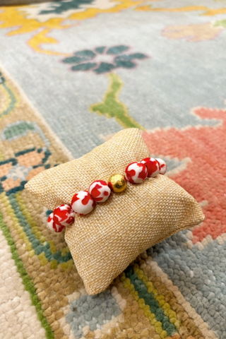 Red & White Recycled Glass Bead Stretch Bracelet