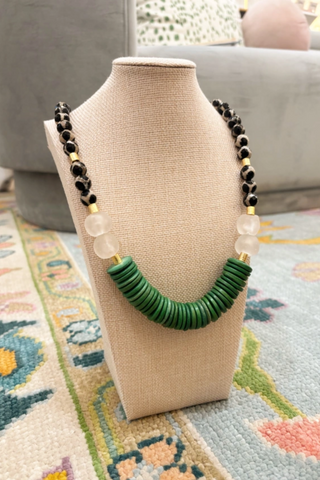 Ceramic Black Giraffe Glass & Coconut Wood Bead Necklace