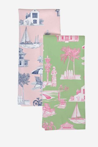 Florida Toile Tea Towel Set Green/Pink