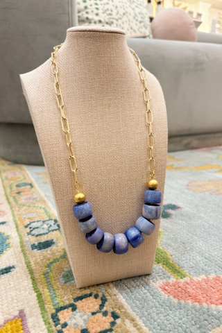Paperclip Chain Necklace Carabiner Blue African Bone Bead