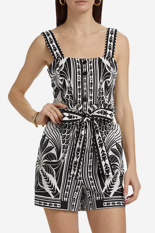 Monochrome Linen-Blend Scarf Botanical-Print Romper