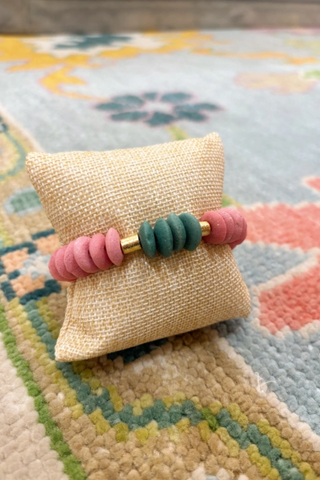 Ashanti Glass & Wood Bead Stretch Bracelet Brass- Pink
