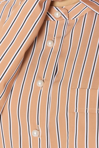 Tie Collar Pin Stripe Short Sleeve Blouse