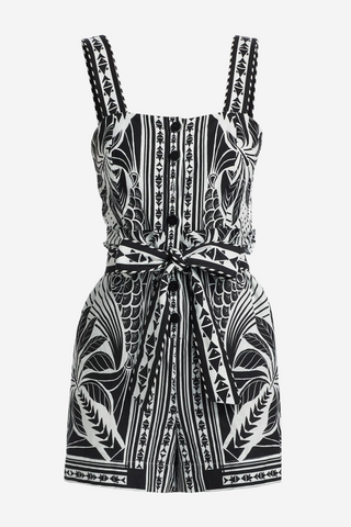 Monochrome Linen-Blend Scarf Botanical-Print Romper