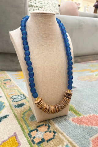 Short Wood Bead Necklace Coconut Recycled Glass Cobalt Blue