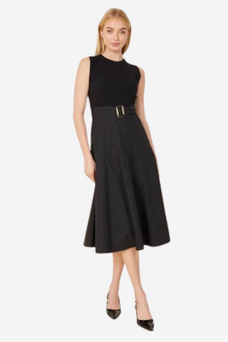 Mixed Media Belted Swing Dress