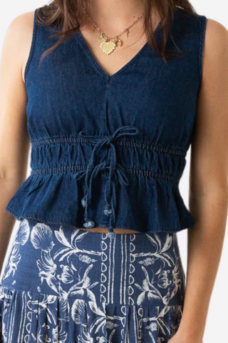 V-Neck Front Tie Denim Top