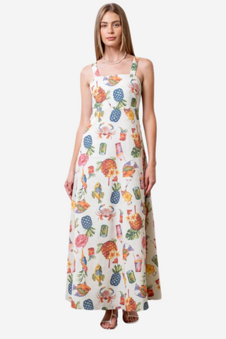 Square Neck Midi Dress Tropical Print