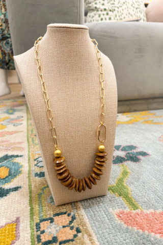 Paperclip Chain Necklace Tan African Bone Bead Carabiner