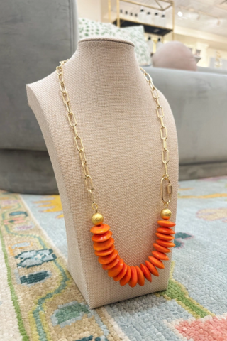 Paperclip Chain Necklace Orange African Bone Bead Carabiner