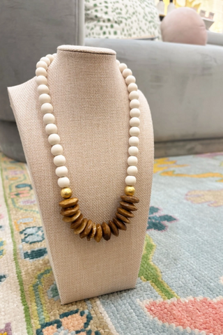 White Wood & Disk African Bone Bead Short Necklace Layering