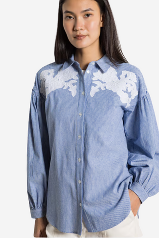 Cabina - Striped Straight Embroidered Shirt