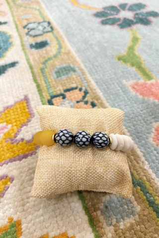 Recycled Glass Ceramic Chinoiserie Stretch Bracelet- Yellow