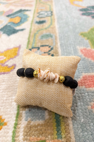 Natural Shell & Recycled Glass Bead Stretch Bracelet- Black