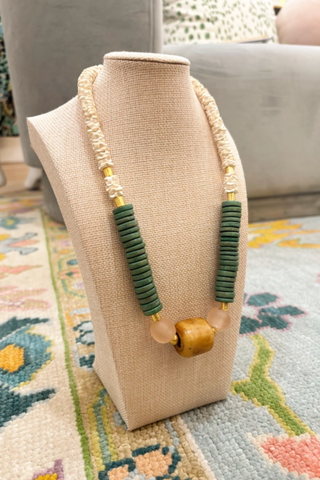 Midi Short Coconut Wood Bone Bead Recycled Glass Bead Green