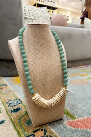 Short Gemstone Jade Bead Necklace Coconut Wood Mint Green