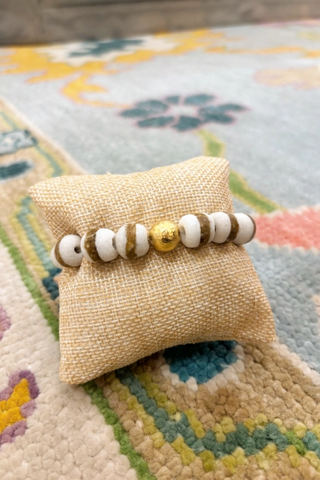 Krobo Recycled Glass Bead Stretch Bracelet White& Gold