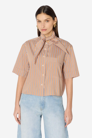 Tie Collar Pin Stripe Short Sleeve Blouse