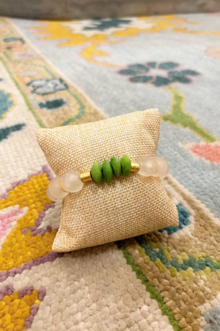 African Bone & Recycled Glass Bead Stretch Bracelet- Green