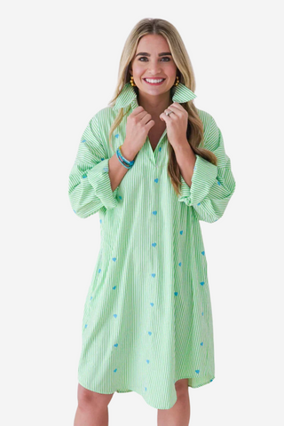 Peppy Dress - Green Stripes + Hearts