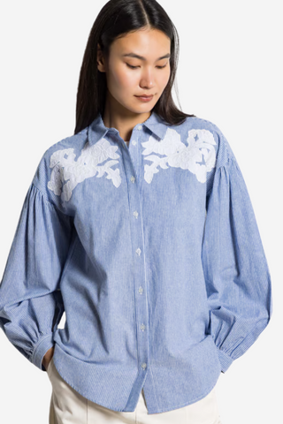 Cabina - Striped Straight Embroidered Shirt