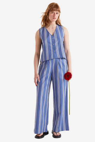 Blue striped print button-up top
