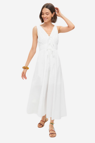 White V-Neck Pleated Midi Dress