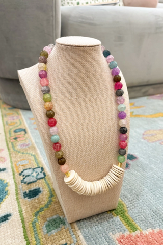 Multicolored Gemstone Agate Bead Necklace Coconut Wood