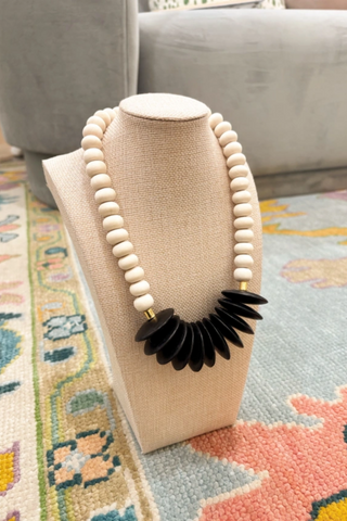 Wood Disk Round Bead Midi Neutral Statement Necklace Black