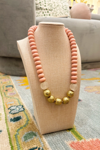 Brass Round Bead Midi Necklace Wood & Recycled Glass Pink