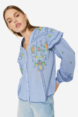 Carmencita - Blue Puff Sleeve Embroidered Top