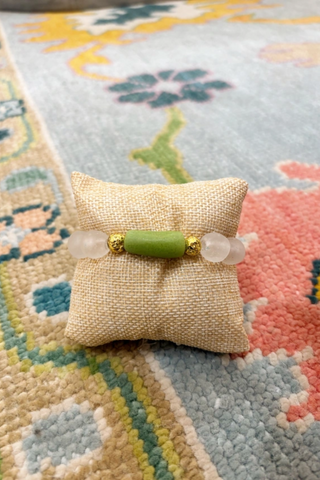 Cylinder Tube Recycled Glass Bead Stretch Bracelet- Green